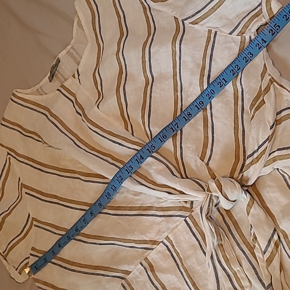 Angela Mara Linen White Tan Blue Striped Pull-on Wide Pants Popover Top Tie Sz L - Picture 15 of 16